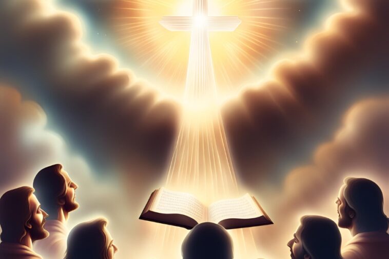 A glowing cross shines above an open book, surrounded by people looking up amidst clouds.