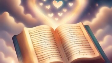 Open book of sheet music with glowing hearts above, set against a cloudy sky. A lit candle is in the lower left.