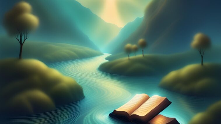 Open book floating in a river, with hills, trees, and a bright sky in the background.