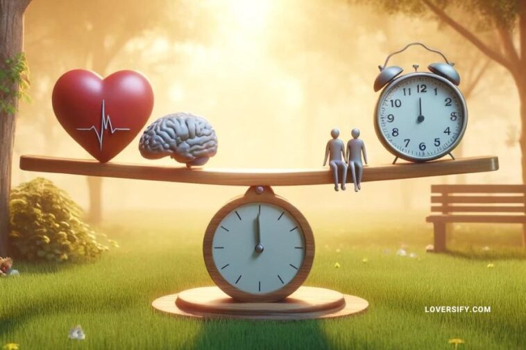 An illustration of a seesaw in a tranquil park, with symbols like a heart, a brain, and a clock on one end, and symbols of relationship harmony such as two interlinked rings or a pair of figures on the other, set against a background of soft, natural colors to emphasize balance.