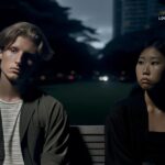 Moody image of a young Caucasian man and a young Asian woman seated separately on a park bench at dusk. The park is dimly lit, emphasizing their isolation and reflection. They are dressed in modern, stylish outfits, their expressions filled with deep thought and a subtle sadness, capturing the emotional gravity of a respectful breakup.