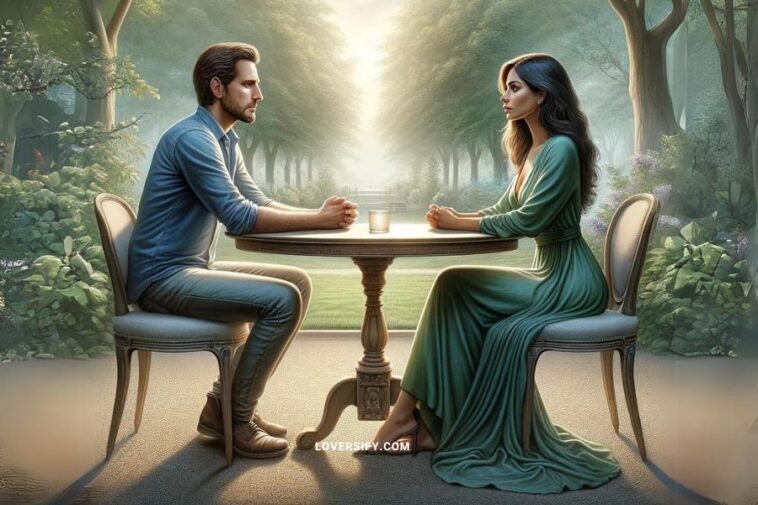 An image depicting a peaceful breakup, featuring a man and a woman in a serene outdoor garden setting.