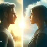 Image of a man and woman facing each other with thoughtful expressions, symbolizing reflection on a past relationship.
