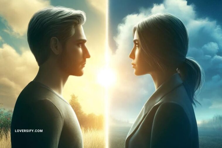 Image of a man and woman facing each other with thoughtful expressions, symbolizing reflection on a past relationship.