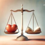 An illustrative image showing a balanced scale against a serene, soft-colored background. On one side of the scale is a red heart representing love and emotion, and on the other side, a clearly defined open book symbolizes personal growth and self-care, emphasizing the importance of balance in relationships.