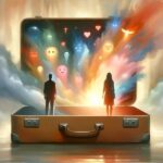 Conceptual illustration of two people standing beside a large, semi-transparent suitcase emitting colorful emotional glows, symbolizing past relationship baggage.