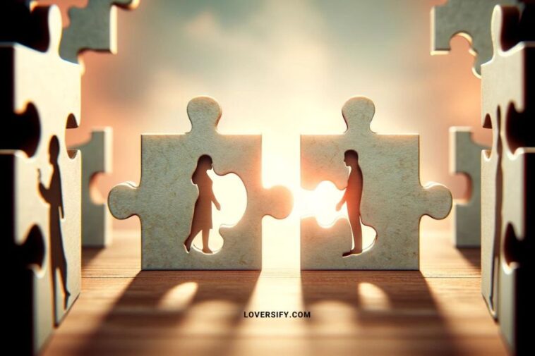 Two puzzle pieces with human silhouettes cut out of them, positioned near each other but not aligning perfectly, against a soft, neutral background. The image symbolizes the challenges and complexities of fitting together in a relationship.