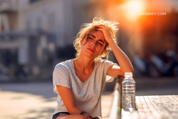 A young woman with her hand on her forehead sits outdoors in bright sunlight, a bottle of water beside her.