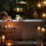 A woman reclines in a bathtub surrounded by lush greenery and illuminated by warm candlelight.