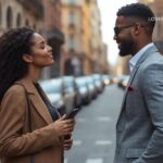 A man and a woman in stylish attire stand on a city street, facing each other and smiling. The woman holds a smartphone, and the man has a red pocket square. Cars are parked in the background along the street.