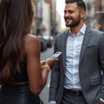 A man in a grey suit and white shirt smiles at a woman holding a smartphone.