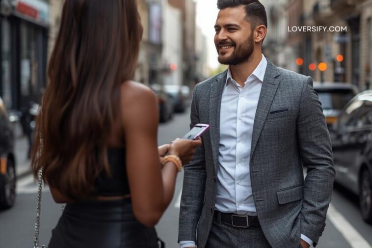 A man in a grey suit and white shirt smiles at a woman holding a smartphone.